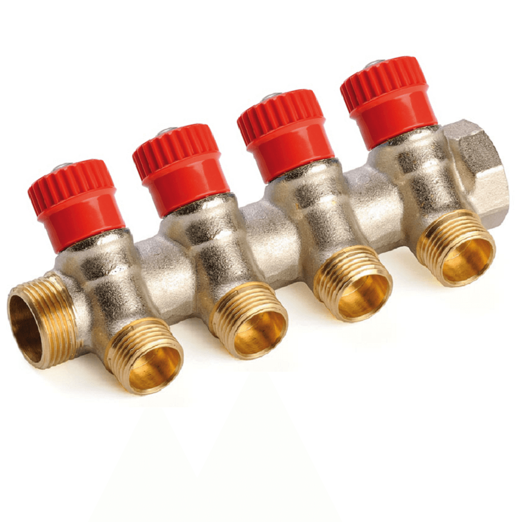 Коллектор для воды 3/4\" с вентилями на 4 выхода 1/2\", красный General ...